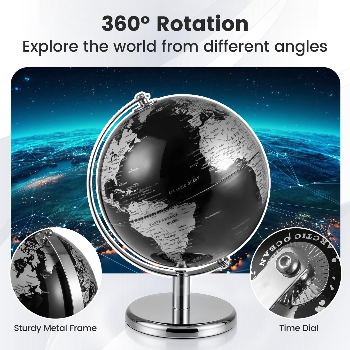 8" World Globe, Modern Decorative Tabletop Earth Globe, Silver Learning Toys at Gallery Canada