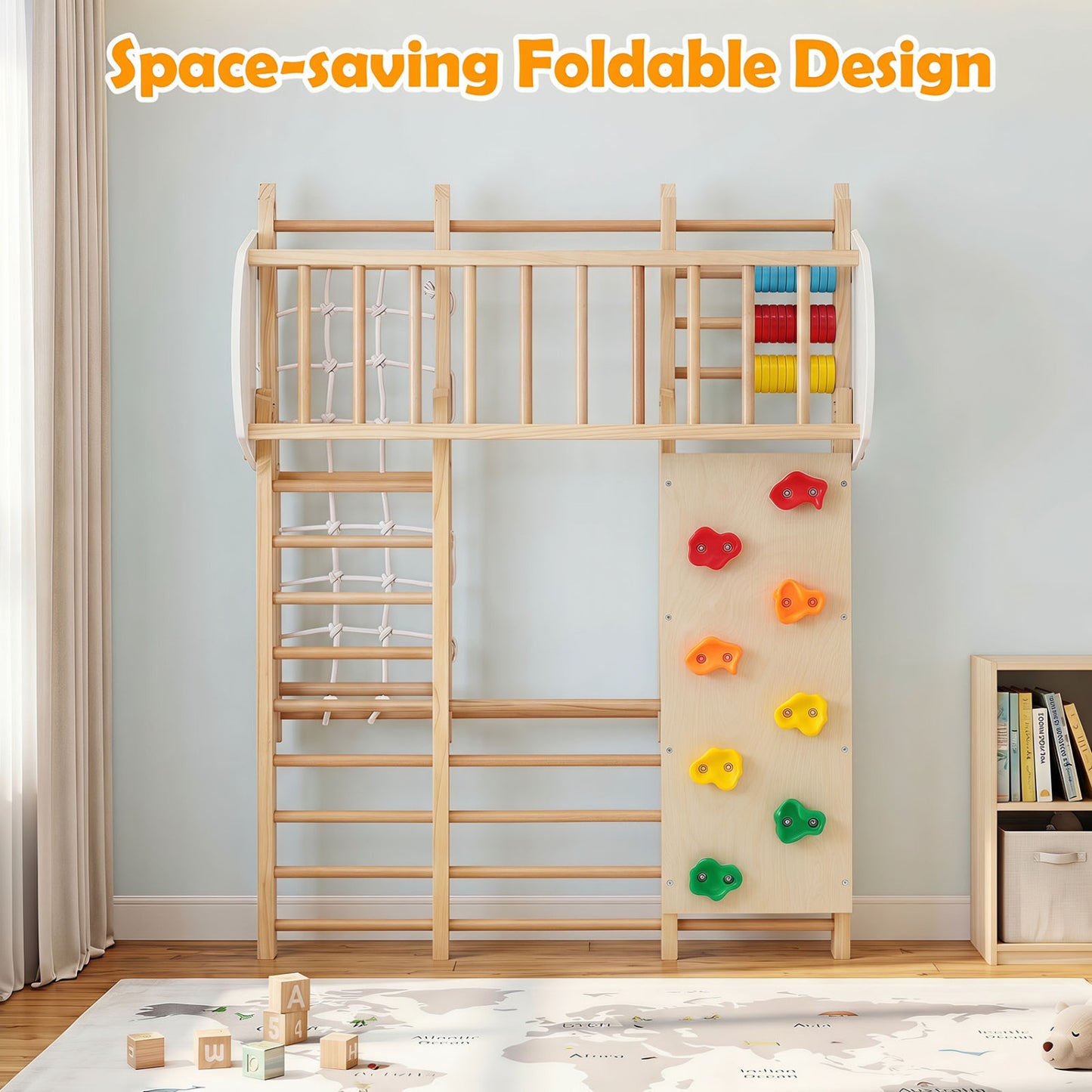 Foldable Indoor Jungle Gym For Kids With Swing, Monkey Bars, Natural