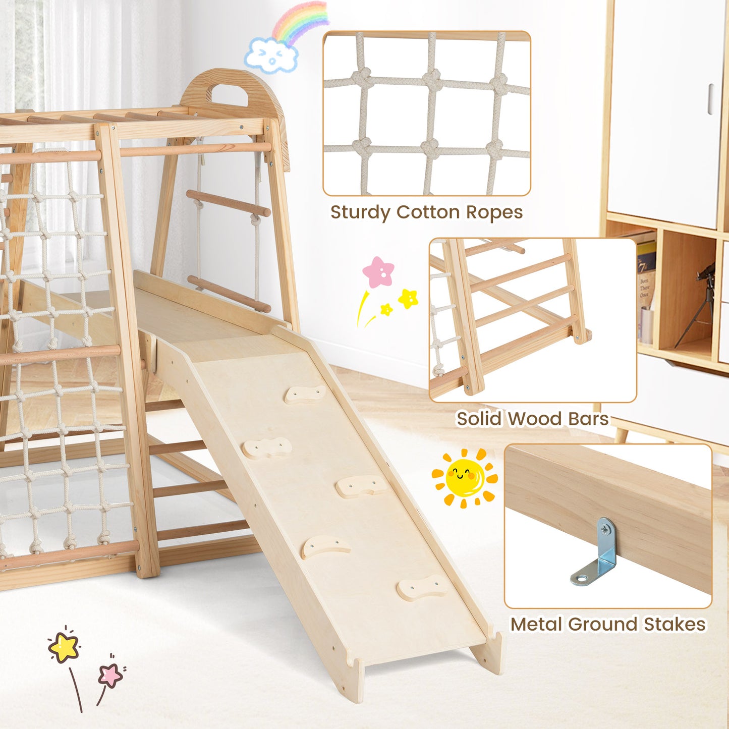 8-in-1 Jungle Gym Wooden Montessori Climber Playset with Slide and Monkey Bar for Kids 3-5 Years Old, Natural Climbers & Slides at Gallery Canada