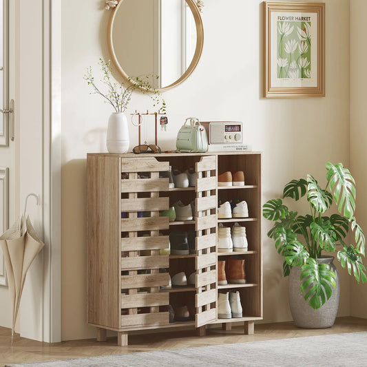 21 Pair Shoe Cabinet, 5-Tier Double Door, 5-Tier Open Shelves, Beige Shoe Storage Cabinets & Racks Beige at Gallery Canada