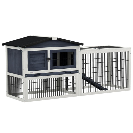 Wood Rabbit Hutch w/ Ramp, Openable Roof, Pull-out Tray, Dark Grey
