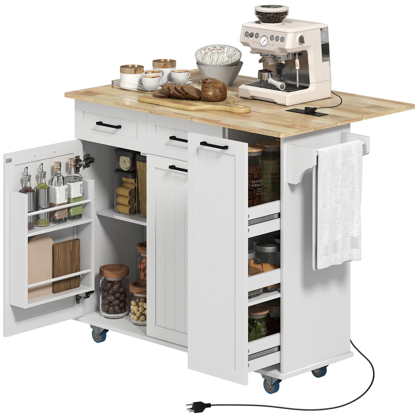 Kitchen Island on Wheels, Wood Drop Leaf, Charging Station, Adjustable Shelf, White