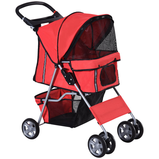 4 Wheel Dog Pet Stroller Dog Cat Carrier Folding Sunshade Canopy with Brake, Red - Gallery Canada