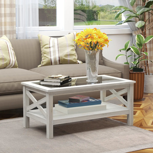 Farmhouse Coffee Table, Tempered Glass Top, 2-Tier with Storage Shelf
