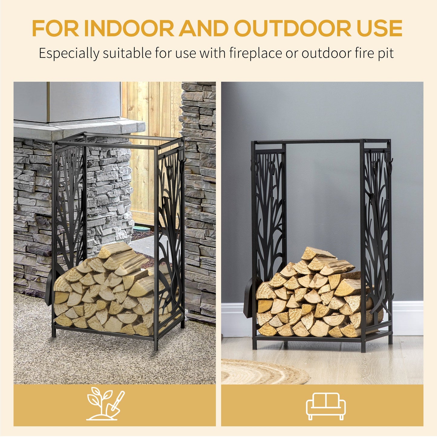Firewood Rack with 4 Tools, Log Holder for Fireplace, Outdoor Indoor Wood Storage Stacker, 18.1" x 11.8" x 27.6", Black at Gallery Canada