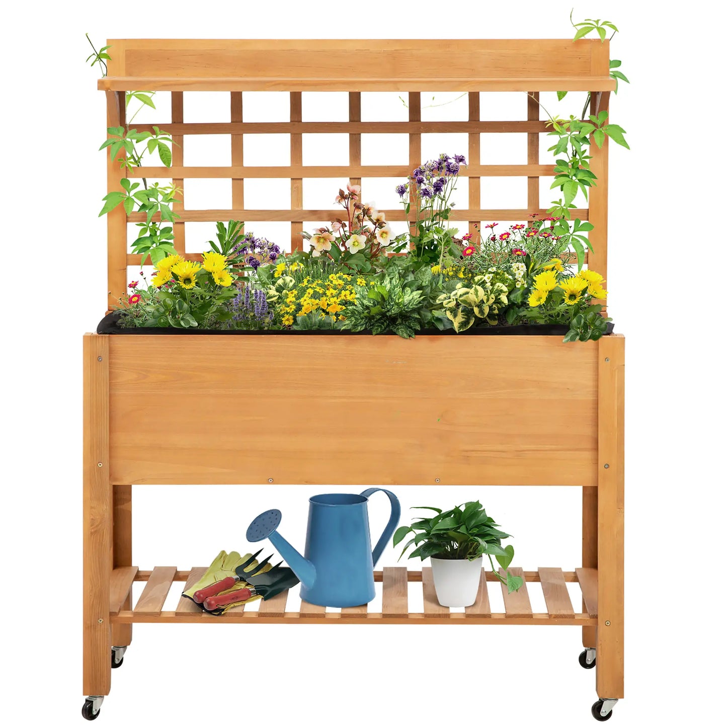 41.25"x15.75"x53.25" Lit de jardin surélevé en bois, Boîte à fleurs et herbes, Étagère à roues, Extérieur Intérieur