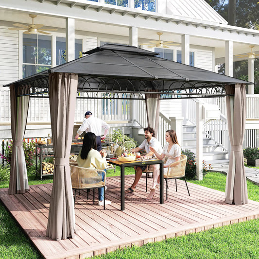 10' x 12' Hardtop Gazebo, Polycarbonate Roof, Steel Frame, Khaki Gazebos Black Roof, Dark Grey Frame, Khaki Curtains at Gallery Canada