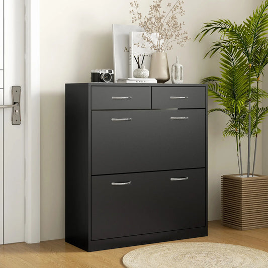 Narrow Shoe Storage, 2 Flip Drawers, Adjustable Shelves, Holds 12 Pairs, Black Shoe Storage Cabinets & Racks Black at Gallery Canada