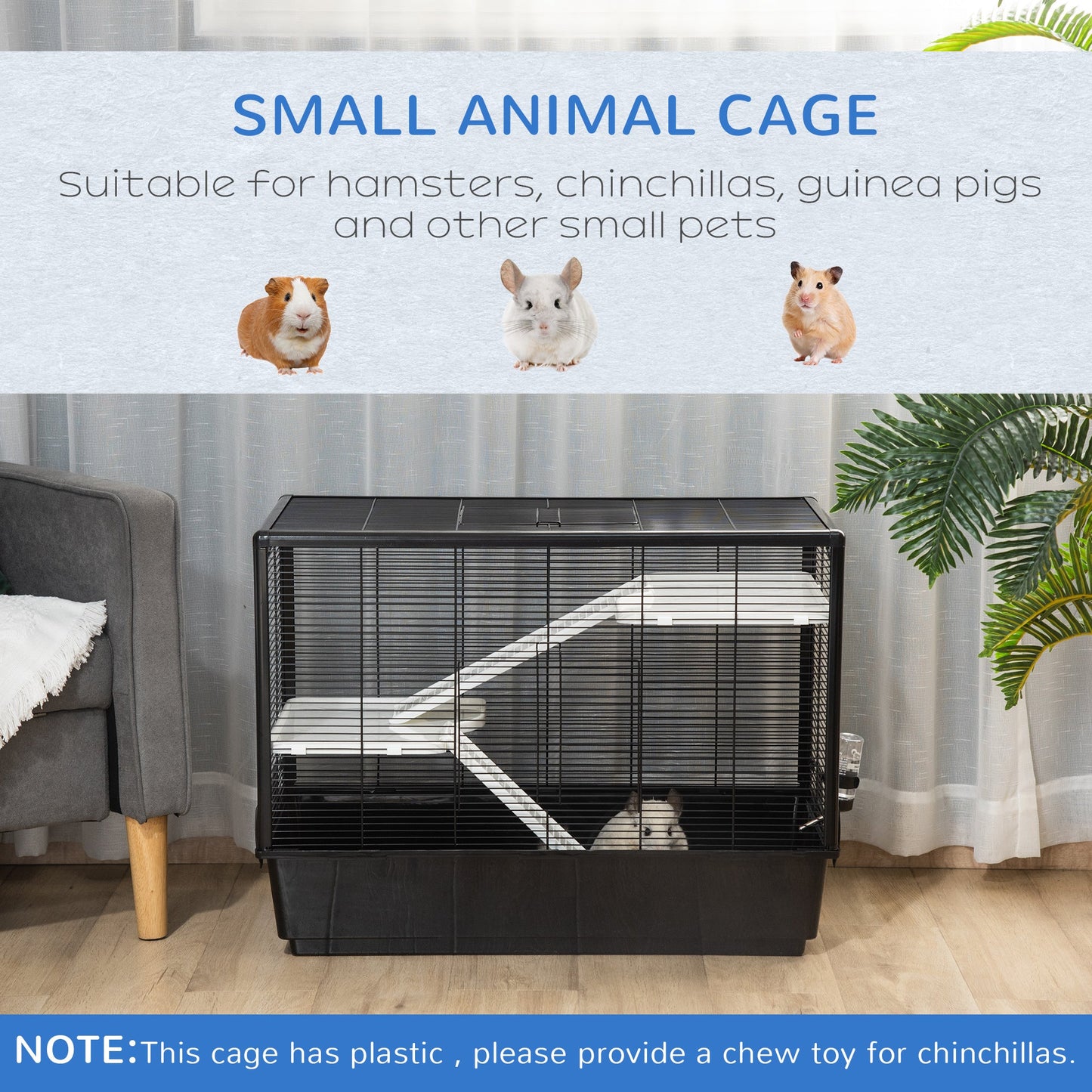 3-tier Hamster Cage, Guinea Pig Cage, Pet Chinchillas Play House Indoor with Accessories Food Dish Water Bottle, Ramps, 31.5"x19"x 23", Black at Gallery Canada