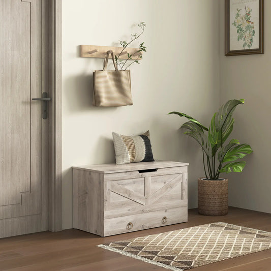 31.5 Inches Storage Chest, Wooden Box, Grey Wood Grain