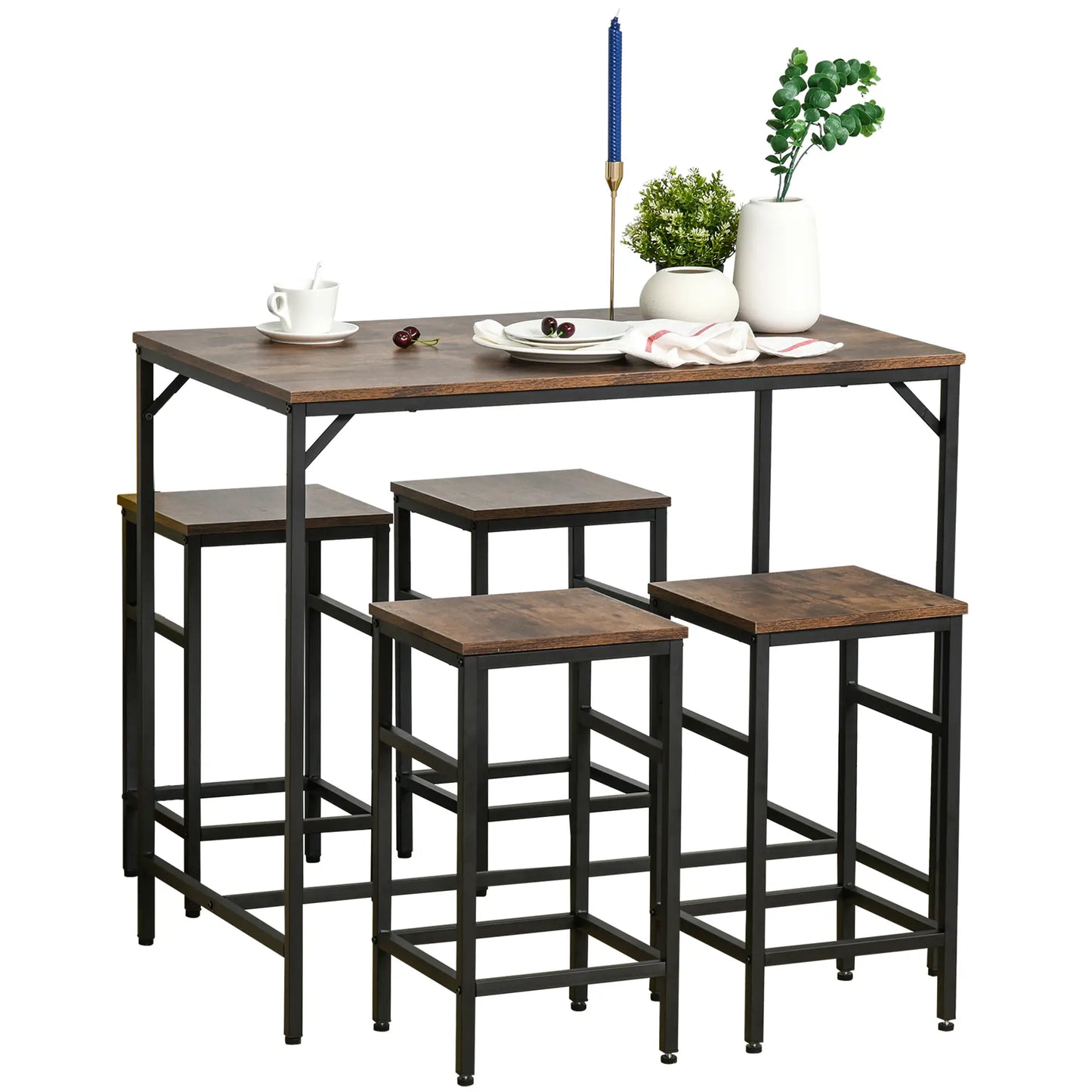 5-Piece Industrial Rectangular Bar Table Set, 4 Stools, Rustic Brown, Brown Bar Sets at Gallery Canada