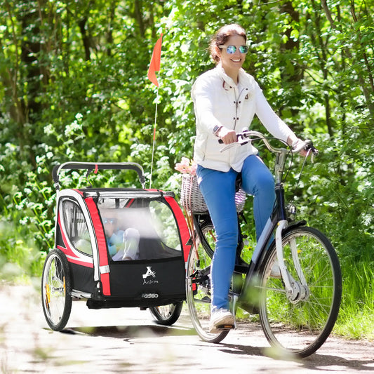 2 Seat Bike Trailer, Double Jogging Stroller, Handbrake, Red Kids Bike Trailers Red, Grey, Black, Silver at Gallery Canada
