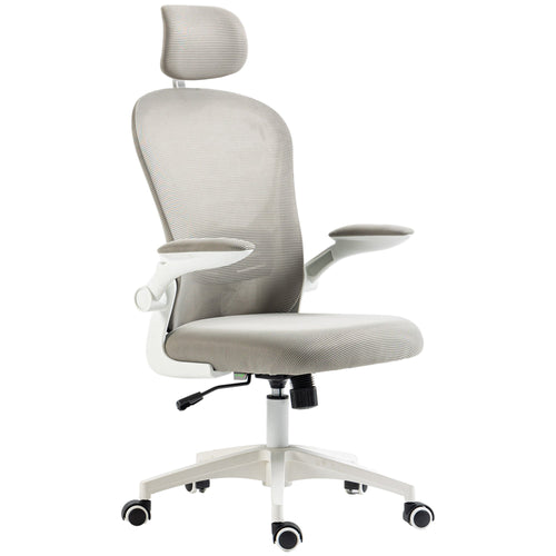 Office Chair, Mesh Computer Desk Chair with Adjustable Headrest, 4D Lumbar Support, Flip-up Arm, Grey