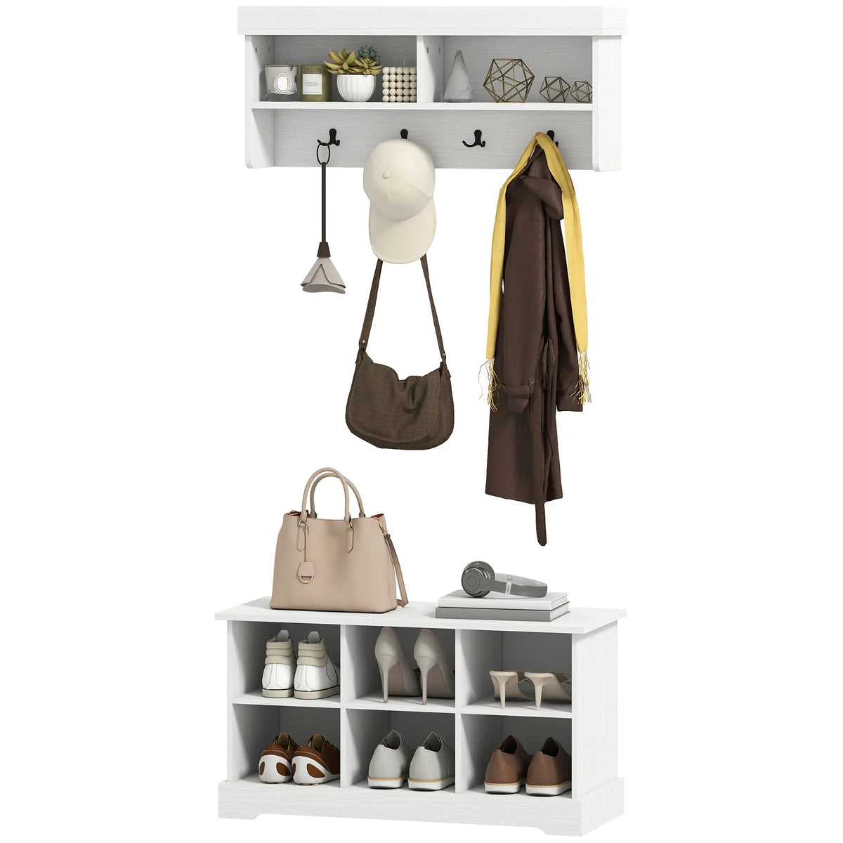 Coat Rack Shoe Bench Set, 8 Storage Cubbies, 4 Hooks, White Clothing Storage at Gallery Canada