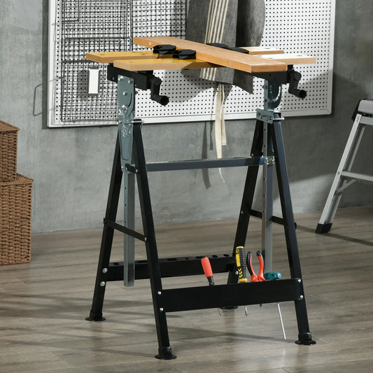 Portable Work Bench, Workshop Tool Stand with 6-Level Height Adjustable Work Table, Carpenter Saw Table with 4 Clamps, Steel Frame, 220lbs Capacity Tool Organizers Nature Wood, Black at Gallery Canada