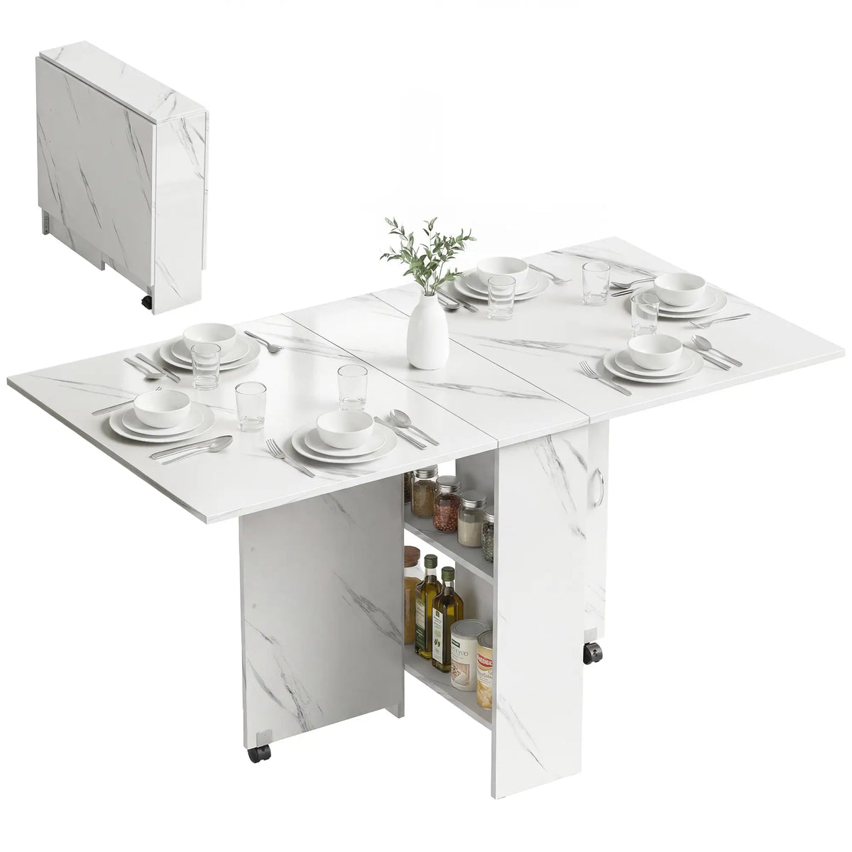 Extendable Dining Table, Marble White, Collapsible With Shelves, White Dining Tables at Gallery Canada