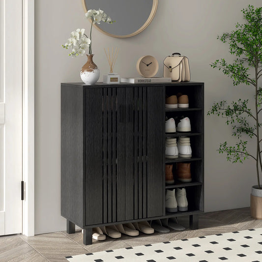Double Door Shoe Storage, Open Shelves, 17 Pair Organizer, Black Shoe Storage Cabinets & Racks Black at Gallery Canada