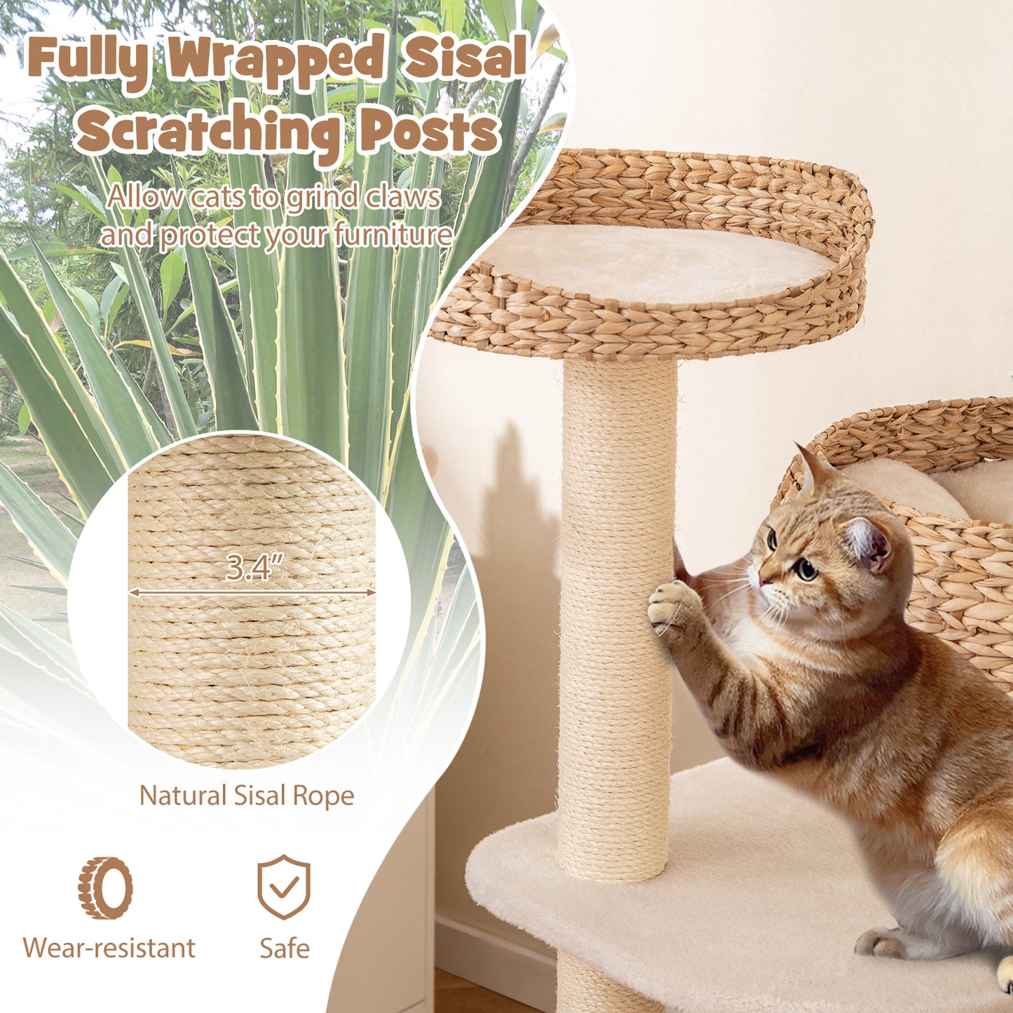 41 Inch Rattan Cat Tree with Napping Perch, White Cat Trees Condos & Scratchers at Gallery Canada