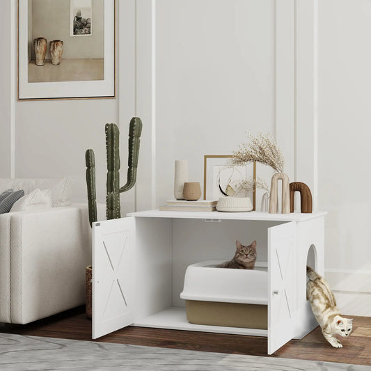 Hidden Cat Litter Box Enclosure, Double Doors, Hole, 31.5" x 19" x 20", White Cat Litter Box Enclosures White at Gallery Canada
