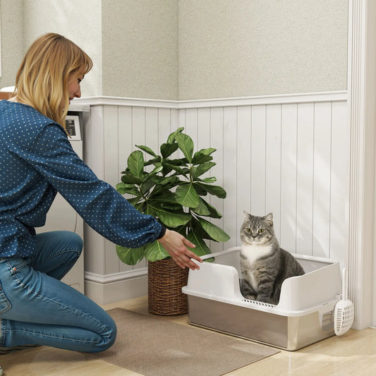 Stainless Steel Cat Litter Box with Lid, Scoop, High Sided, Non-Stick Cat Litter Box Enclosures Light Grey at Gallery Canada