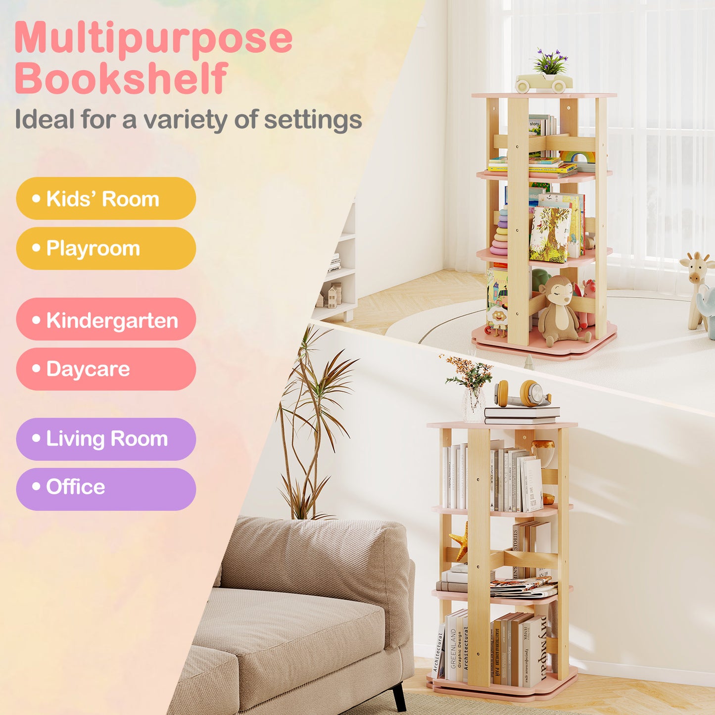 3-Tier Corner Toddler Book Rack, 12 Sectors, Pink Kids Storage at Gallery Canada