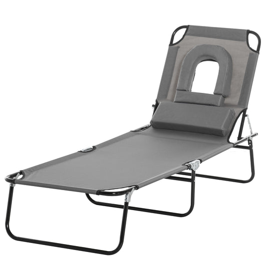 Adjustable Outdoor Lounge Chair, Garden Folding Chaise Lounge w/ Reading Hole Reclining Tanning Chair Seat, Folding Camping Beach Lounging Bed with Support Pillow, Grey at Gallery Canada