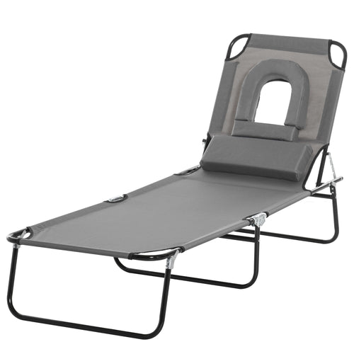 Adjustable Outdoor Lounge Chair, Garden Folding Chaise Lounge w/ Reading Hole Reclining Tanning Chair Seat, Folding Camping Beach Lounging Bed with Support Pillow, Grey