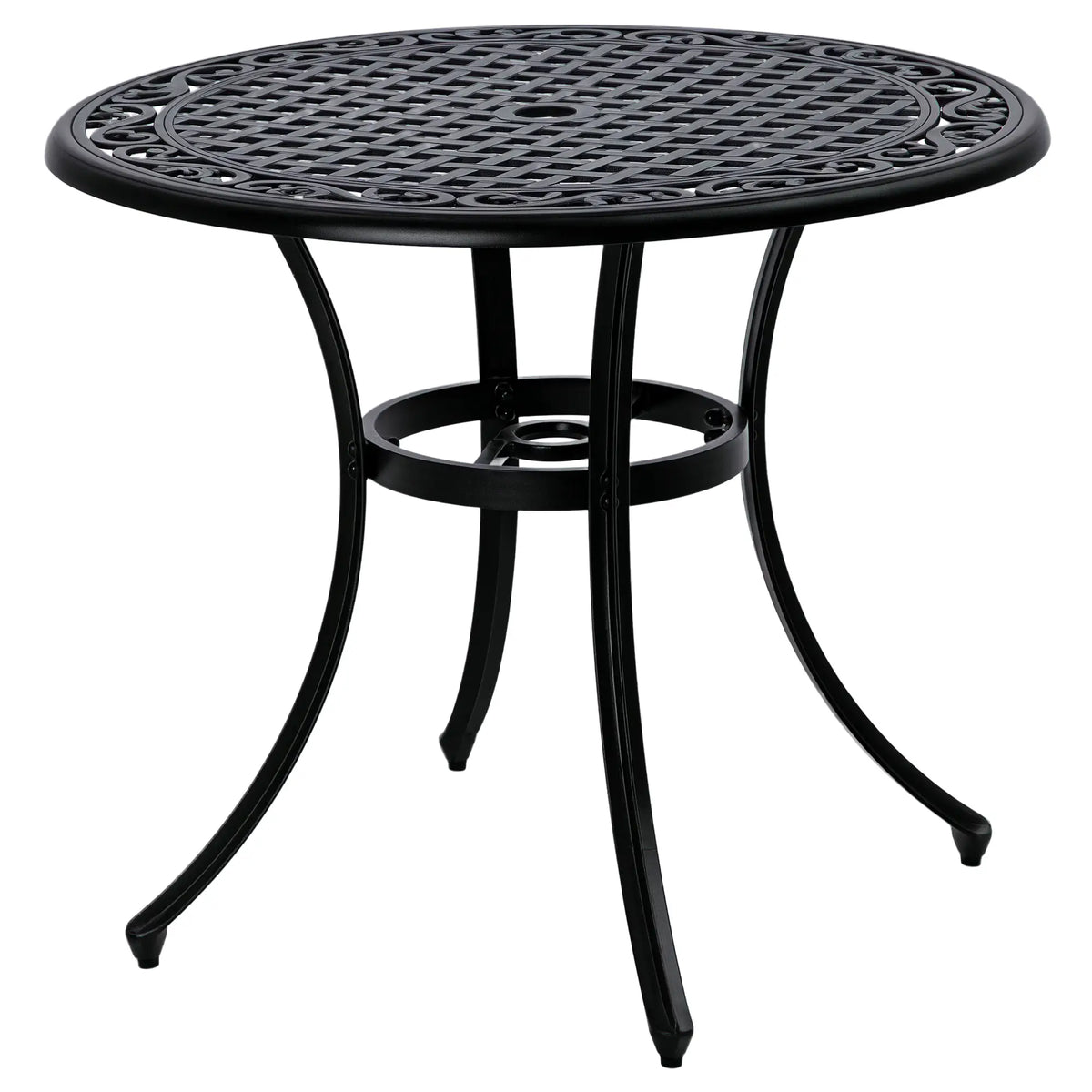 35.5" Round Outdoor Dining Table, Cast Aluminum, Grid Top, Black Patio Dining Tables at Gallery Canada