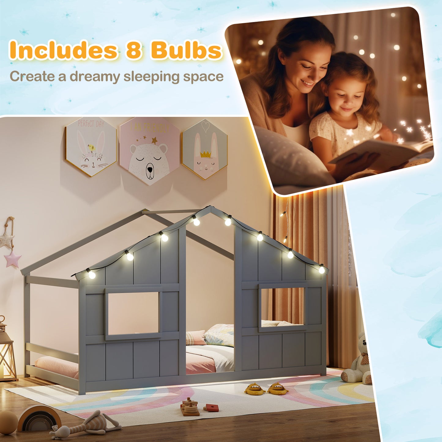 Twin Size House Bed With LED Lights, Montessori Slat-Free Floor Bed, Gray Toddler Beds at Gallery Canada