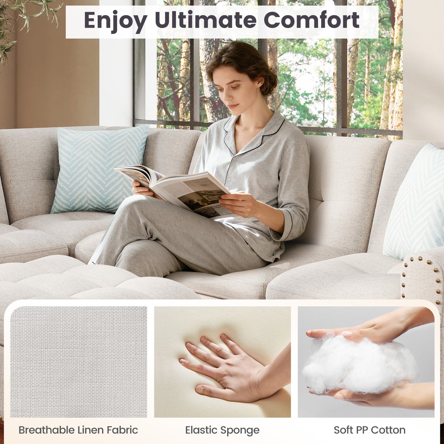 98 Inches Sectional Sofa With Storage Ottoman, Linen Fabric, Beige Sofas & Loveseats at Gallery Canada