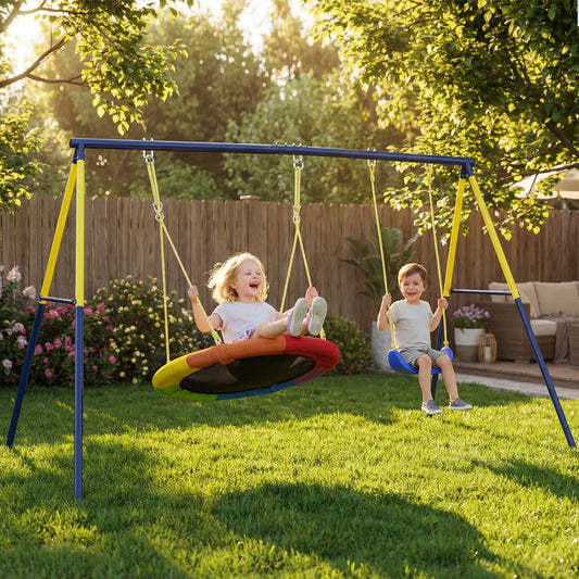 Kids Swing Set, Heavy Duty Metal, 2 Seat, Supports 150 kg, Indoor Outdoor, Blue Gym Sets & Swings Blue, Yellow at Gallery Canada