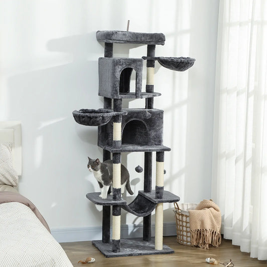 Arbre à chat de 69 pouces, Tour multi-niveaux, 2 Condos, Perchoir en peluche, Poteaux en sisal, Gris foncé