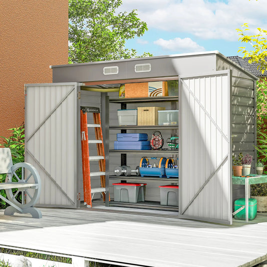 8 x 4FT Galvanized Garden Storage Shed, Metal Outdoor Shed, Light Grey