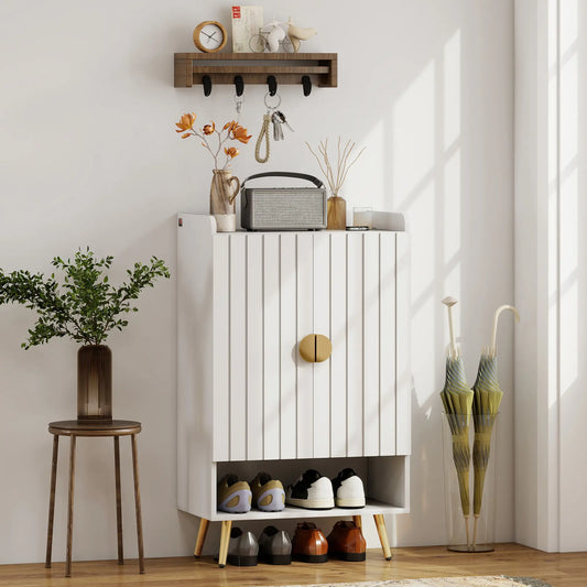 Narrow Shoe Storage Cabinet, Adjustable Shelves for 15 Pairs, White Shoe Storage Cabinets & Racks White, Gold at Gallery Canada