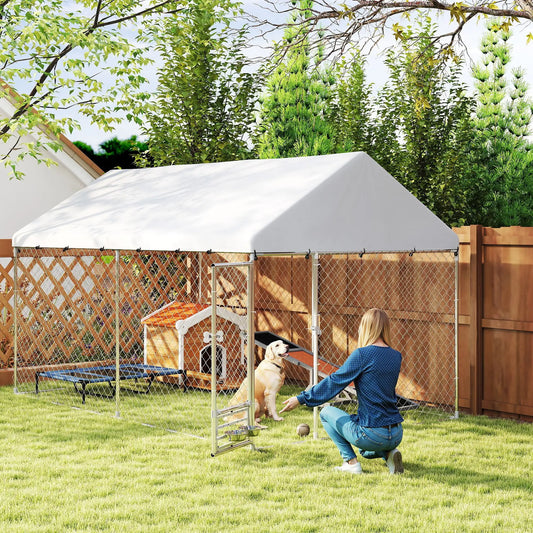 Outdoor Dog Run, Adjustable Bowls, Waterproof Cover, Escape-Proof Lock, 13.1' x 7.5' x 7.5' Houses, Kennels & Pens Silver at Gallery Canada
