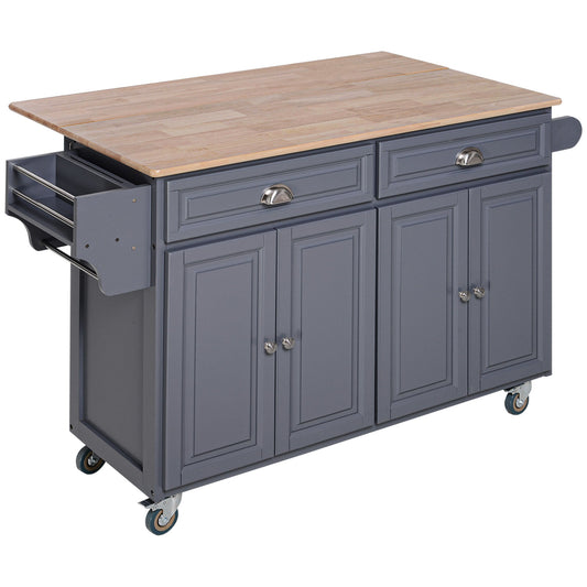 Rolling Kitchen Island on Wheels Utility Cart with Drop-Leaf and Rubber Wood Countertop, Storage Drawers, Door Cabinets, Grey - Gallery Canada