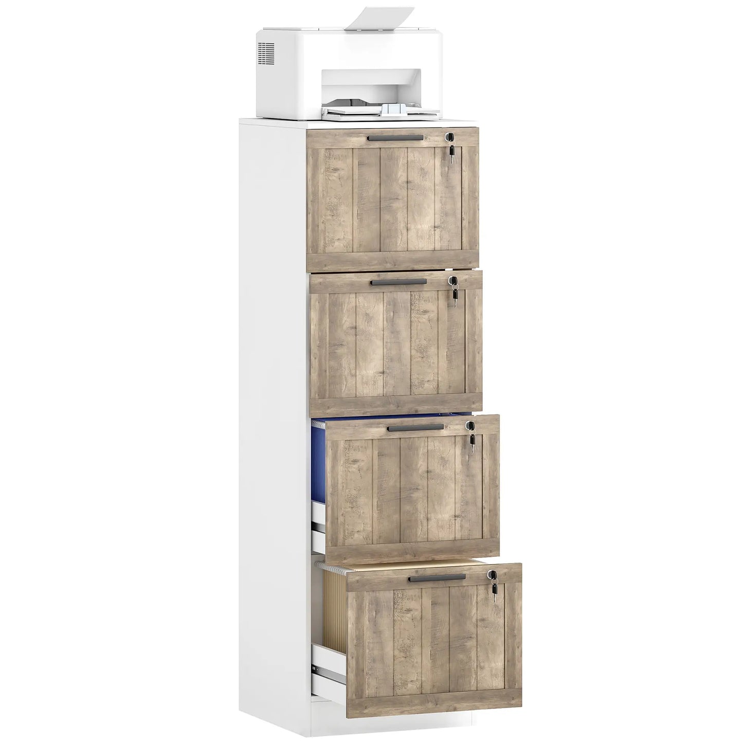 4 Drawer Filing Cabinet, Farmhouse Style, Adjustable Hanging Rails, White Office Cabinets & Cupboards at Gallery Canada