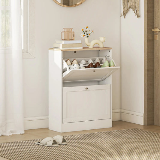 Slim Shoe Storage Cabinet, 2 Flip Drawers, Adjustable Shelves for 12 Pairs, White Shoe Storage Cabinets & Racks White at Gallery Canada