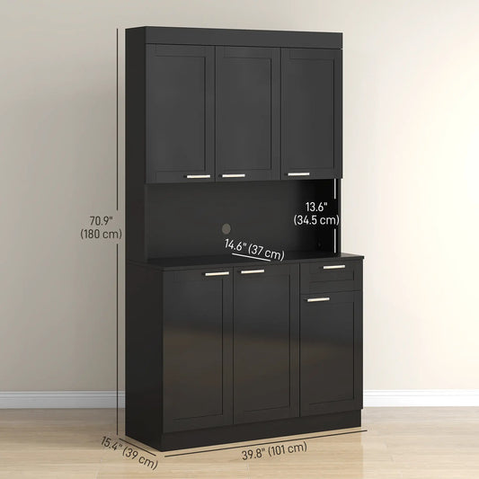 71" Kitchen Pantry Cabinet, Storage Buffet with Hutch, Adjustable Shelves, High Gloss Black, Black Kitchen Pantry Cabinets High Gloss Black at Gallery Canada