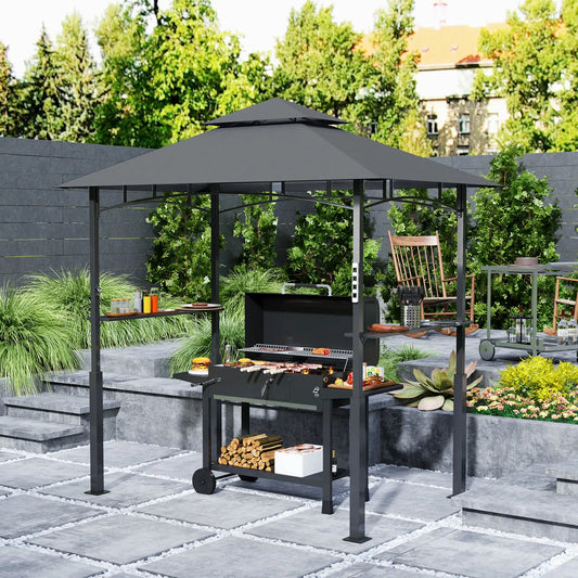 8' x 5' Grill Gazebo, Double Tiered, LED Light, Shelves, Dark Grey BBQ Grill Gazebos Dark Grey at Gallery Canada