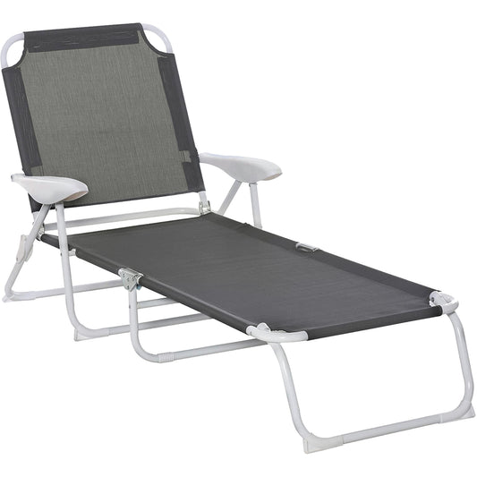 Outdoor Lounge Chair, Patio Garden Folding Chaise Lounge Sun Beach Reclining Tanning Chair with 4-Level Adjustable Backrest, Dark Grey