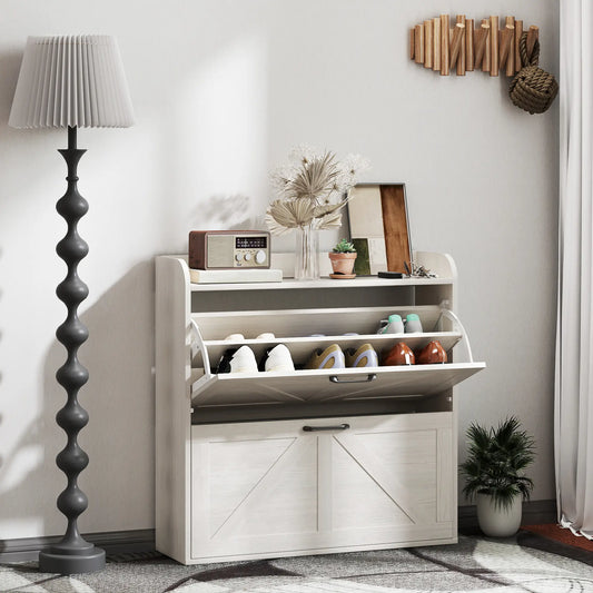 Narrow Shoe Storage Cabinet, 2 Flip Drawers, Adjustable Shelves, White Oak Shoe Storage Cabinets & Racks White Oak at Gallery Canada