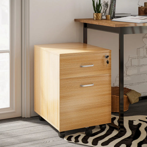 2 Drawer File Cabinet with Lock, Mobile Vertical, Natural