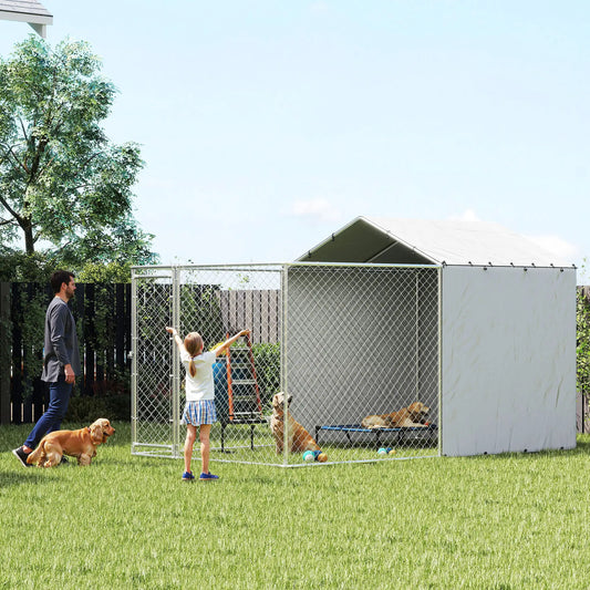 Galvanized Steel Dog Kennel, Waterproof UV-Resistant Cover, 13.1' x 7.5' x 7.5' Houses, Kennels & Pens Silver at Gallery Canada