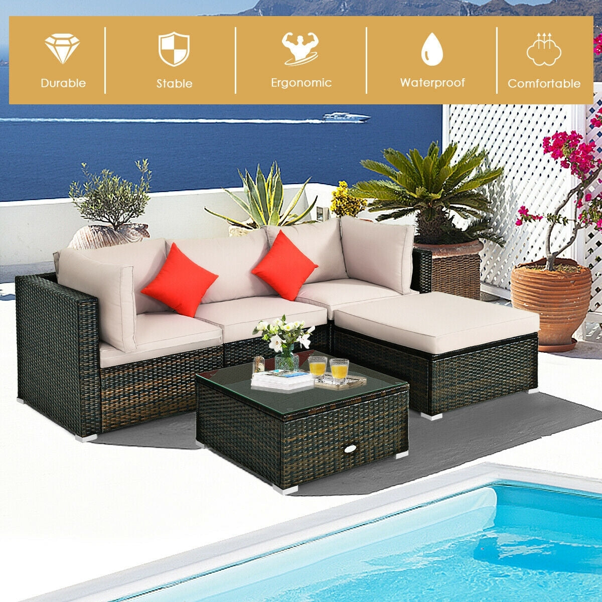 5 Piece Patio Rattan Furniture Set, Sectional Conversation With Cushions, Beige Outdoor Sectionals at Gallery Canada