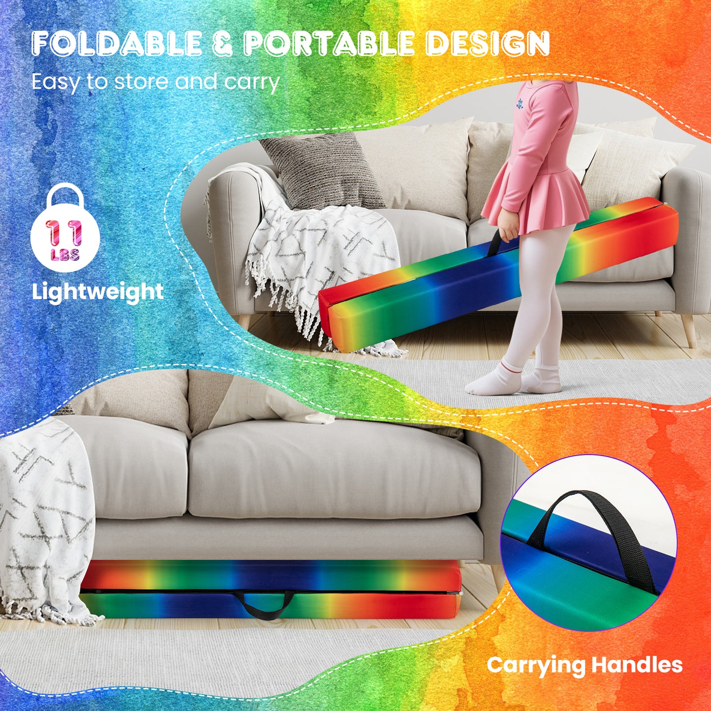 9 FT Folding Balance Beam, Anti-Slip Base, Pine Wood Frame, Rainbow Multicolor Sports at Gallery Canada