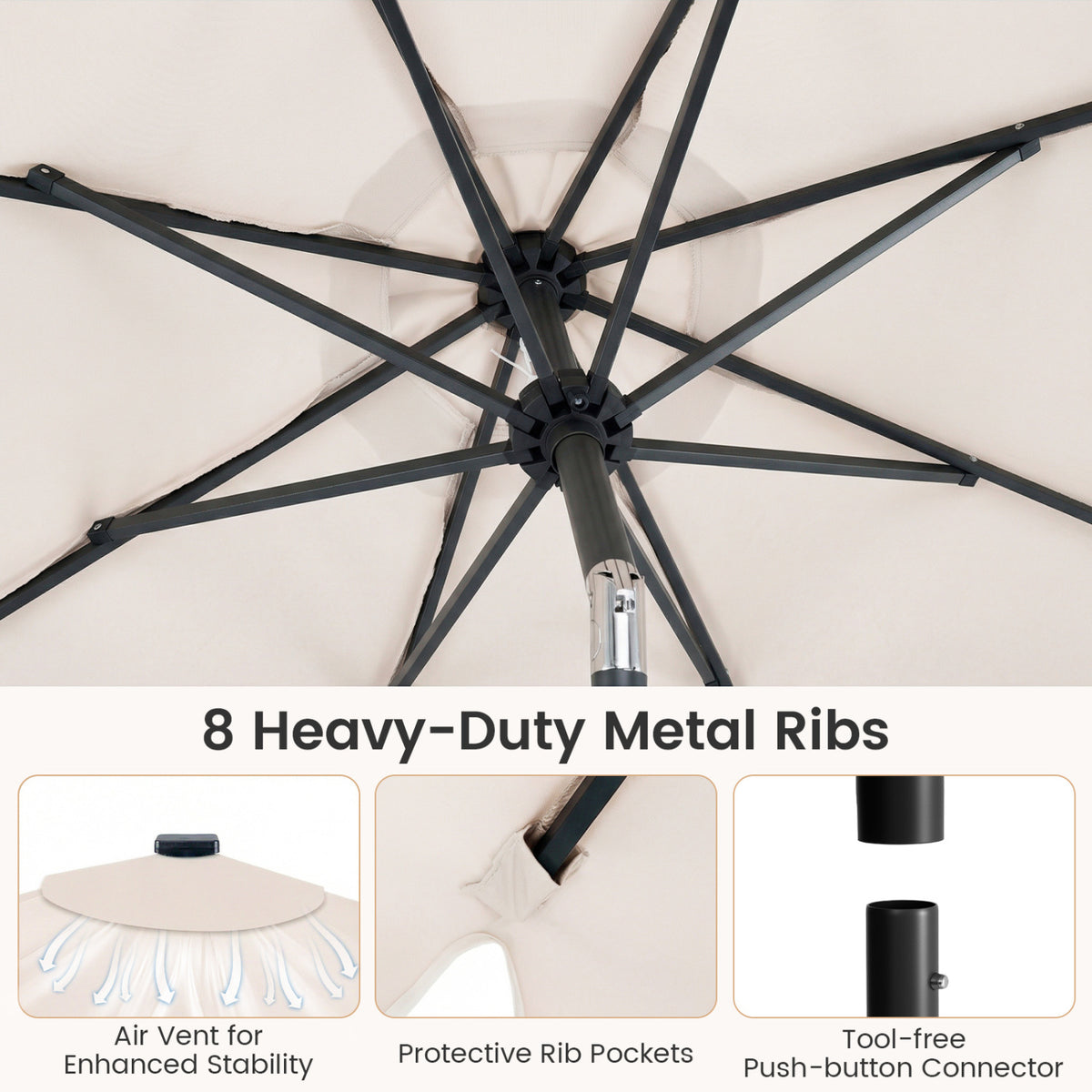 9 FT Outdoor Patio Umbrella, Solar LED Lights, Weighted Base, Beige Outdoor Umbrellas at Gallery Canada