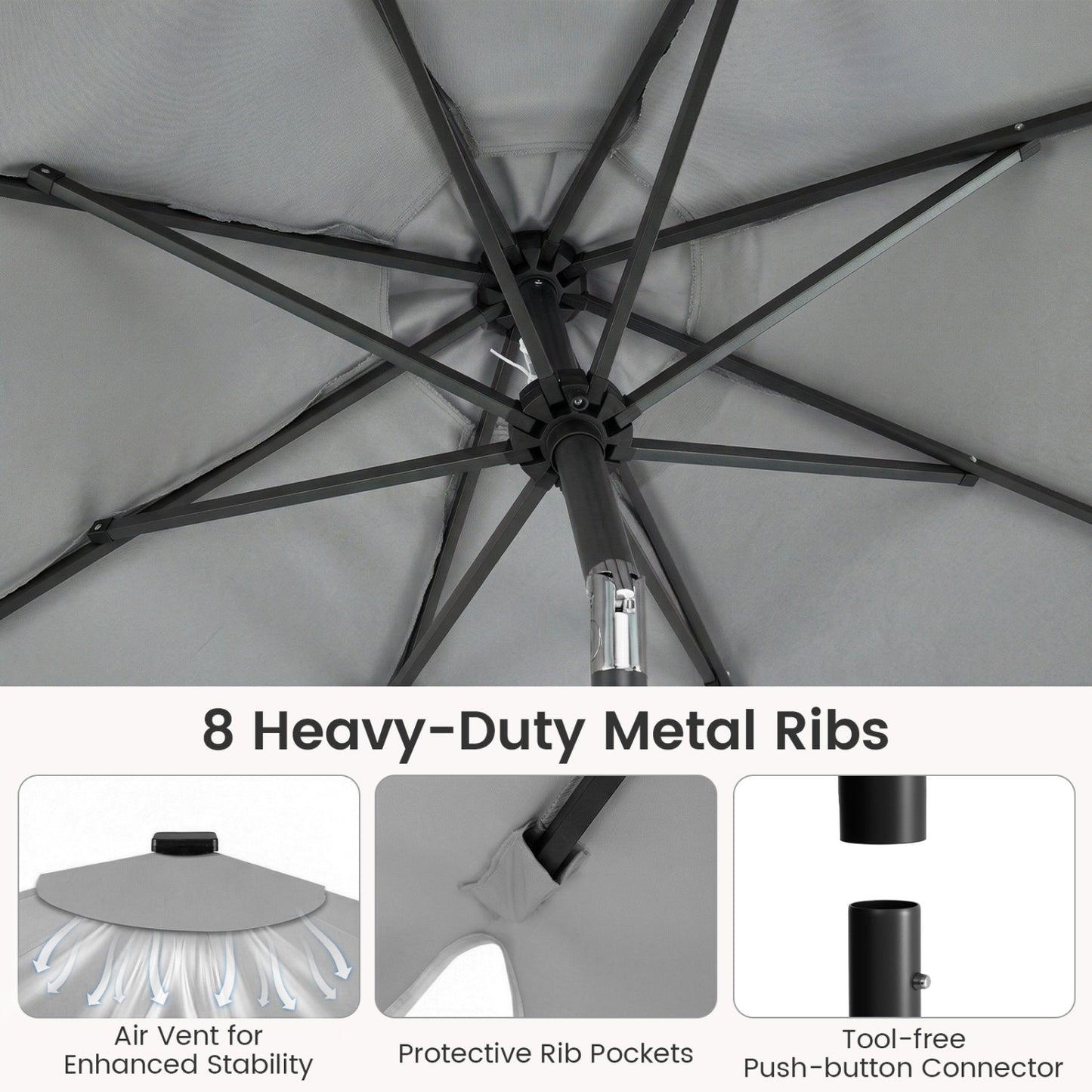 9 FT Outdoor Patio Umbrella, Solar LED Lights, Weighted Base, Gray Outdoor Umbrellas at Gallery Canada