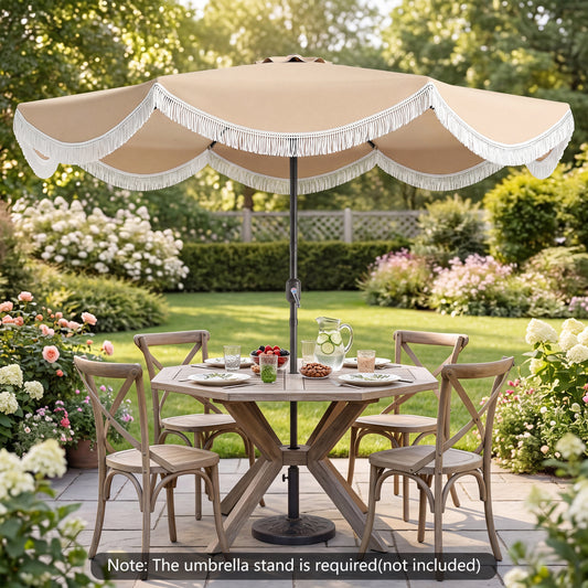 9 FT Outdoor Tassel Umbrella with Push Button Tilt, White & Beige Outdoor Umbrellas White & Beige at Gallery Canada