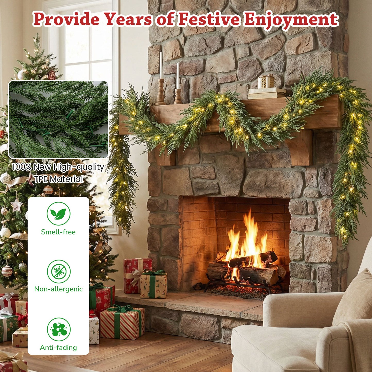 9 FT Pre-lit Artificial Cypress Christmas Garland with 50 Warm White LED Lights and 130 Branch Tips Christmas Decor & Accessories at Gallery Canada